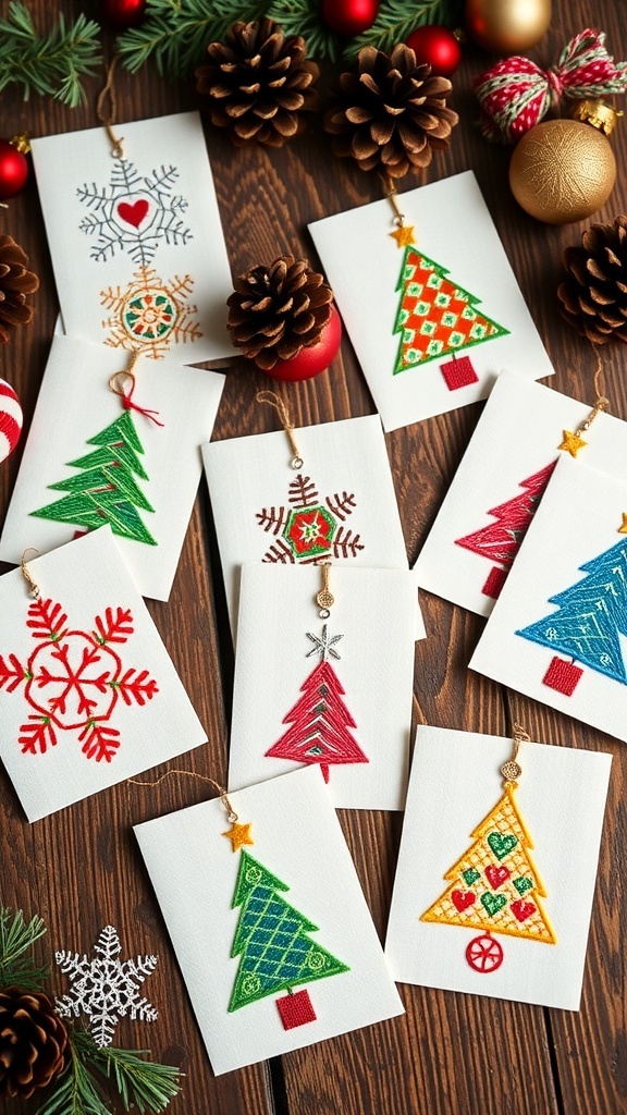 Handmade Christmas cards with colorful thread designs on a wooden table, decorated for the holidays.